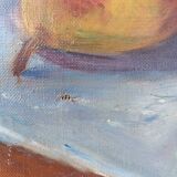 Still life painting, oil on canvas, with a bowl of grapes