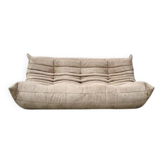 French Togo 3-seater sofa in beige corduroy attributed to Michel Ducaroy for Ligne Roset, 1970s