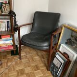 Scandinavian leather and wood armchair