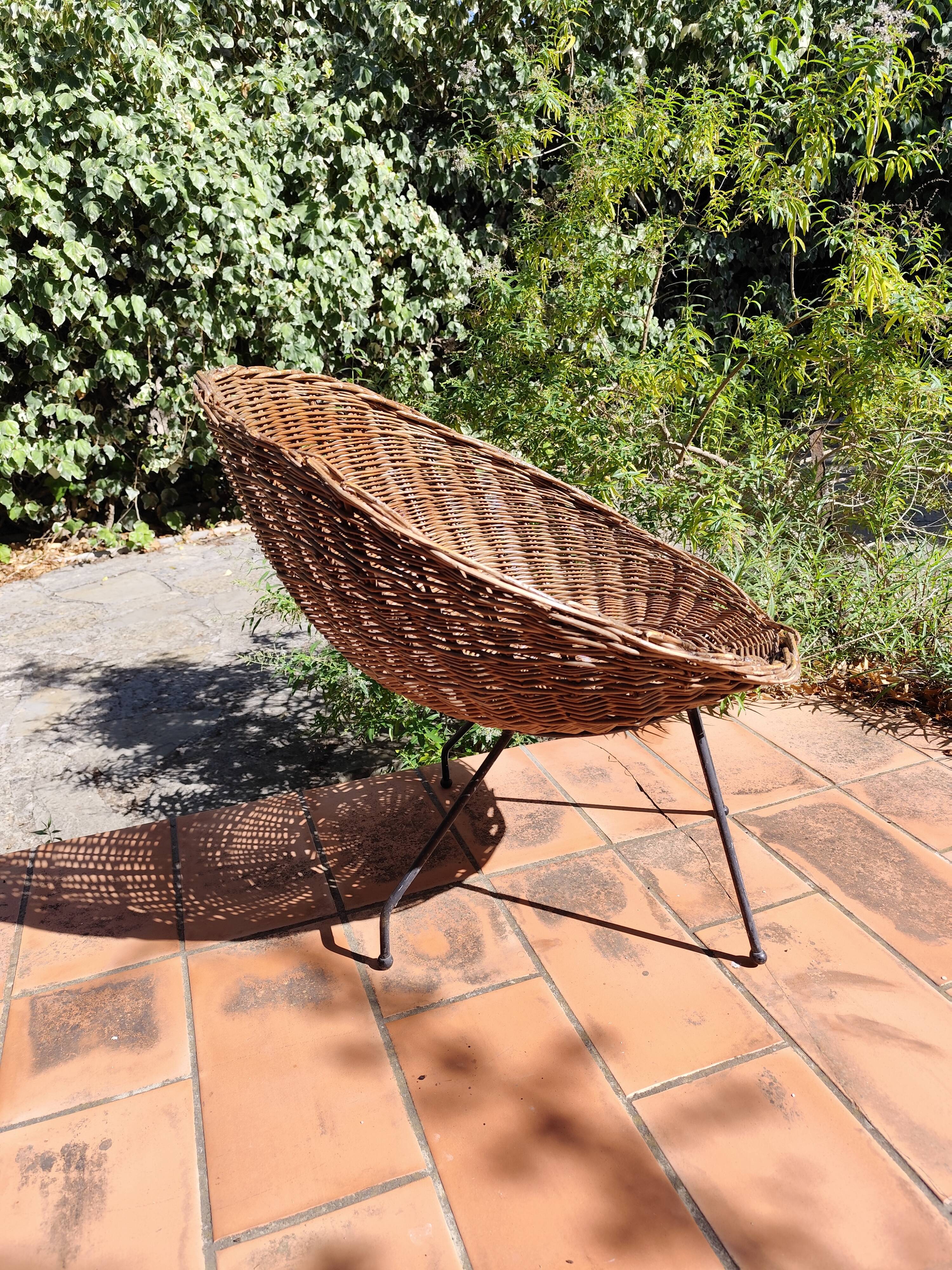 Vintage 1950s rattan and wrought iron basket armchair