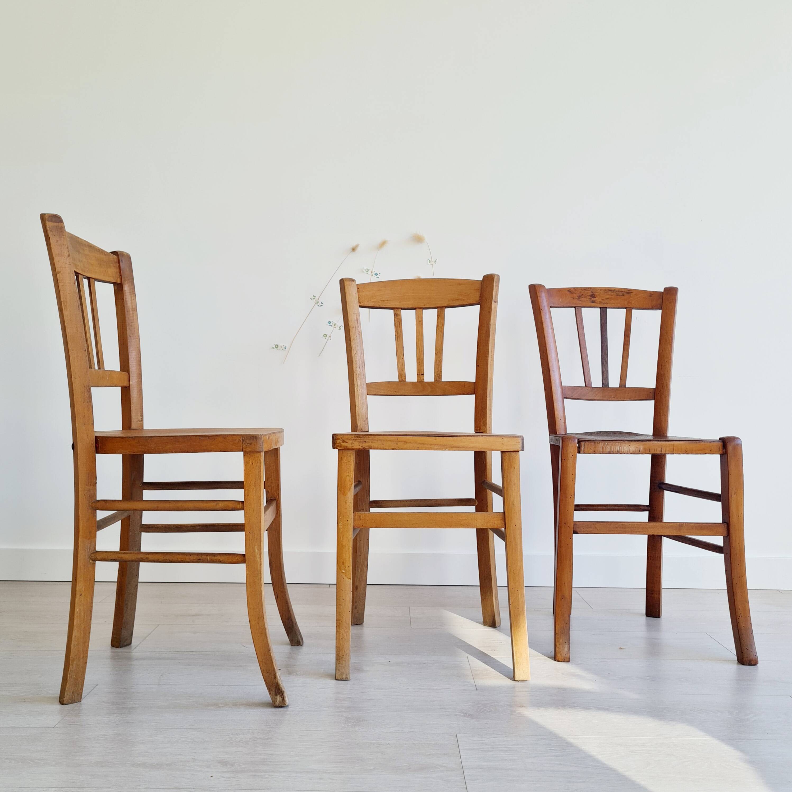 3 old wooden bistro chairs