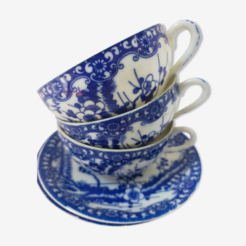 Service à thé 3 tasses et soucoupe porcelaine de chine japonais blanc et bleu motif floral vintage