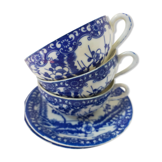 Tea set 3 cups and saucer Porcelain Japanese China white and blue vintage floral pattern