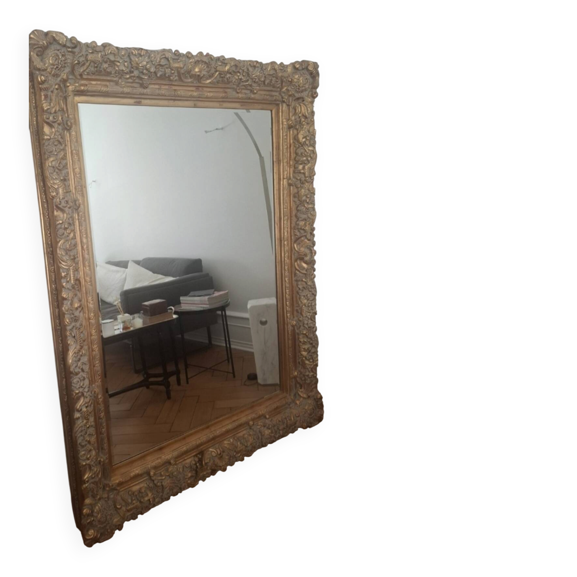 Grand miroir ancien monumental 185x145 bois doré glace biseautée style