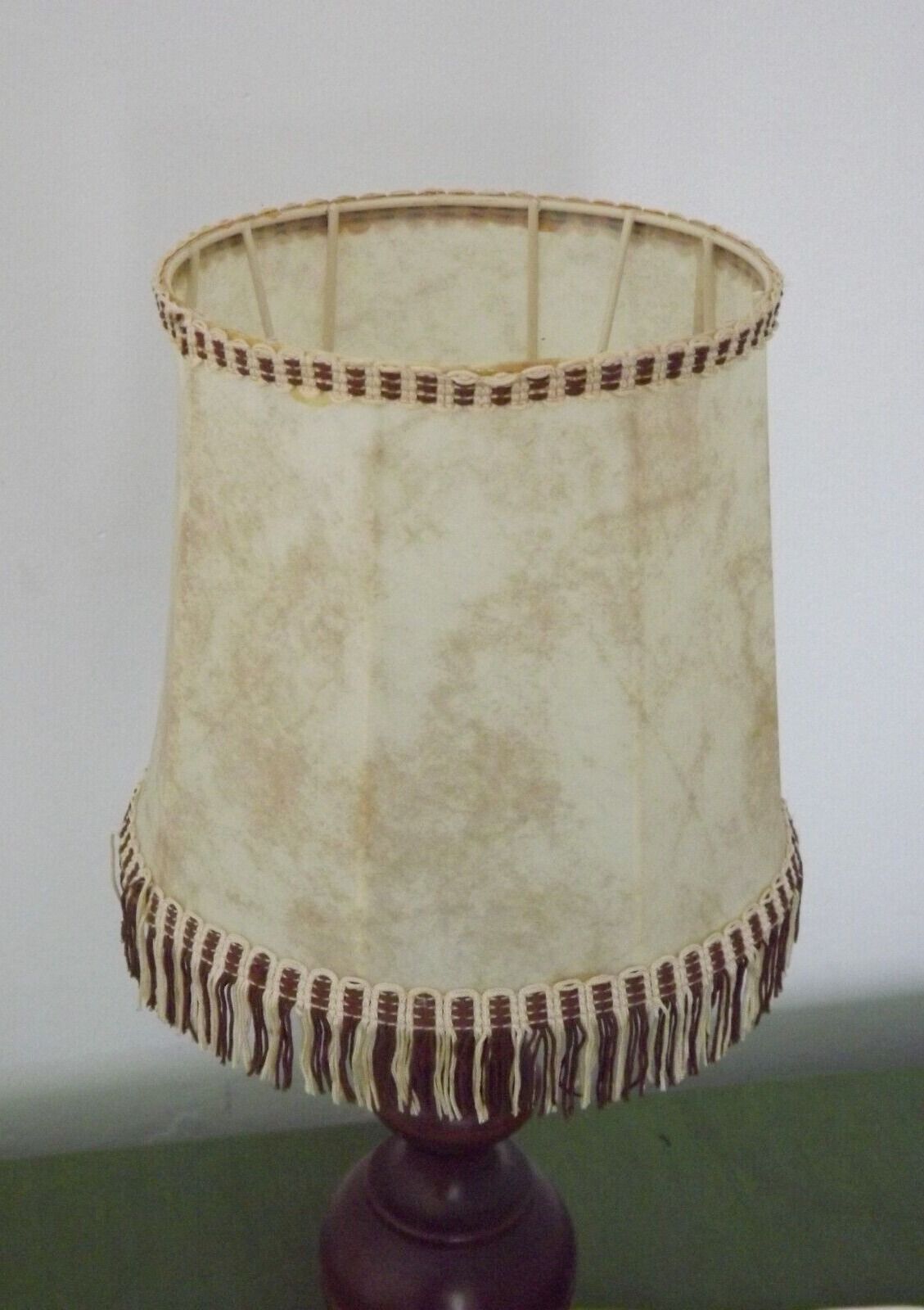 French Mid Century Round Turned Wood Table Lamp With Hide Skin Shade 4025