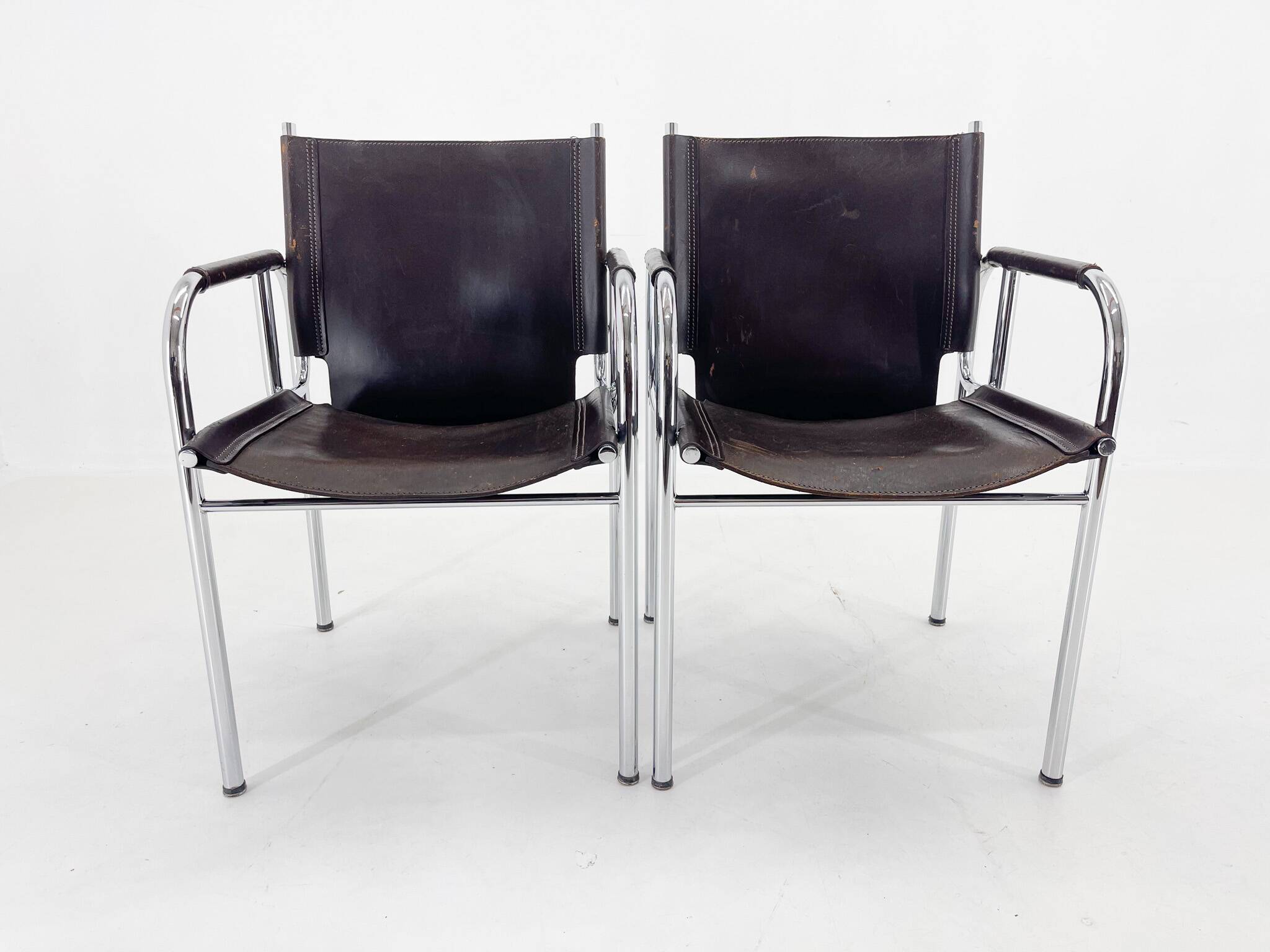Pair of 1970s Vintage Hans Eichenberger Leather & Chrome Lounge Chairs, Labeled