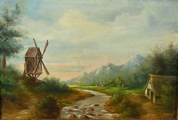Huile sur Toile « Le Moulin » de N. Okolowicz – Début XXe