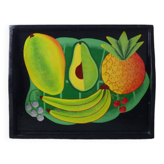 Plateau noir en bois motif fruits exotiques