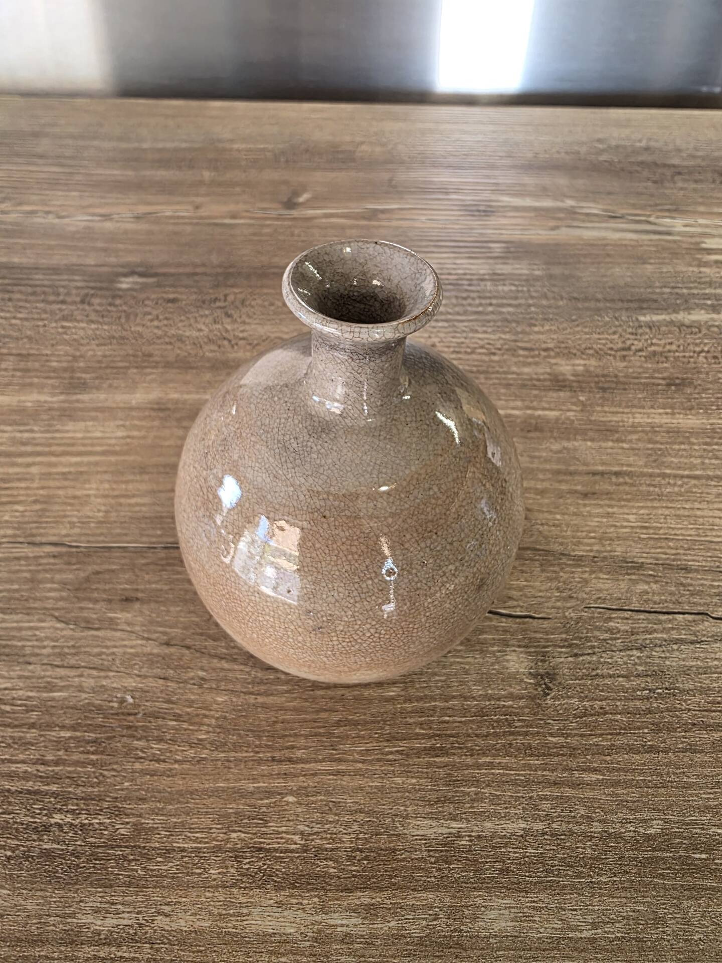 Small round vase soliflore, crackled glazed stoneware, ceramist seal.
