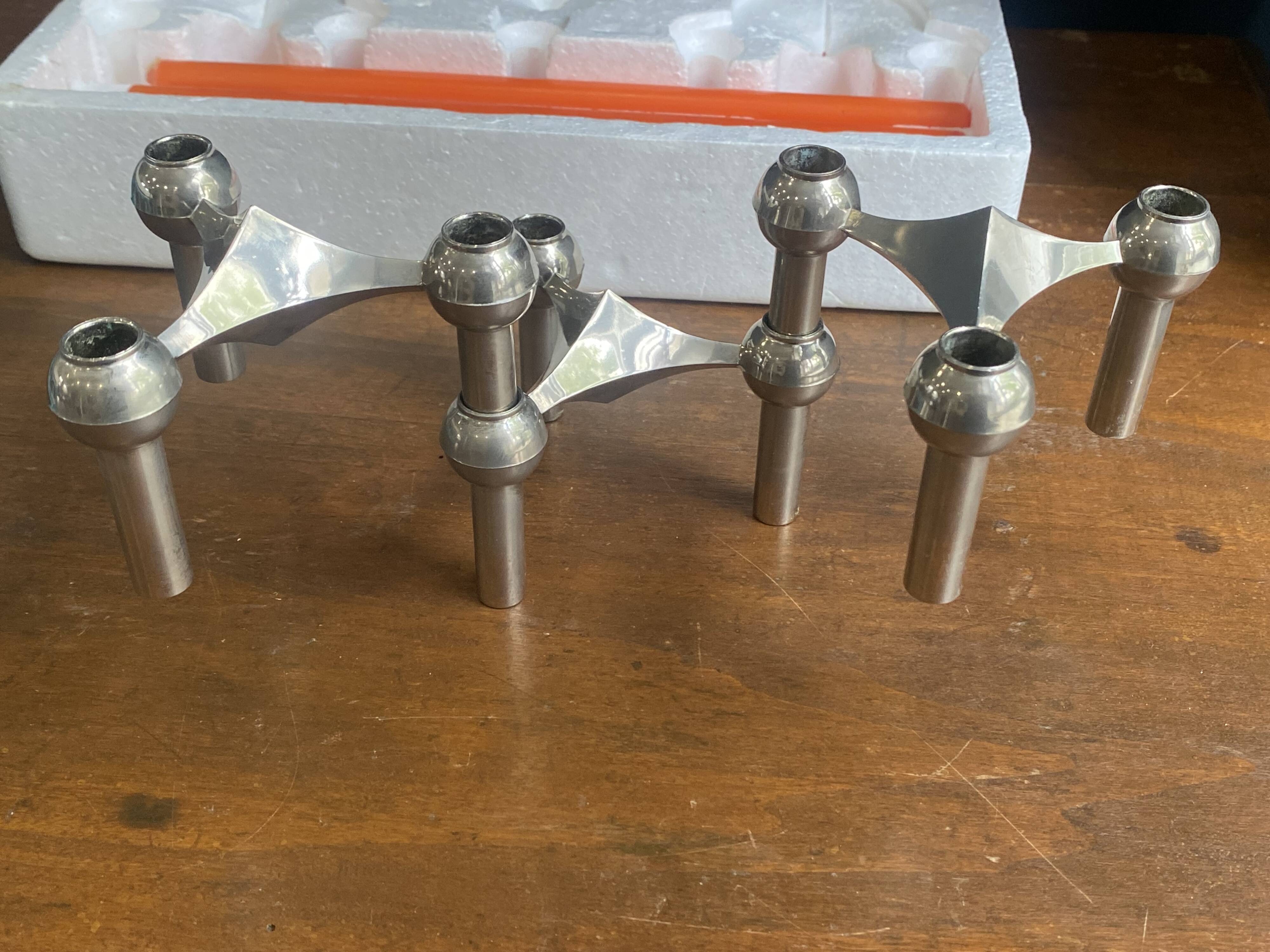 Set of 3 S22 candle holders and 9 vintage 1970 NAGEL modular candles in box.