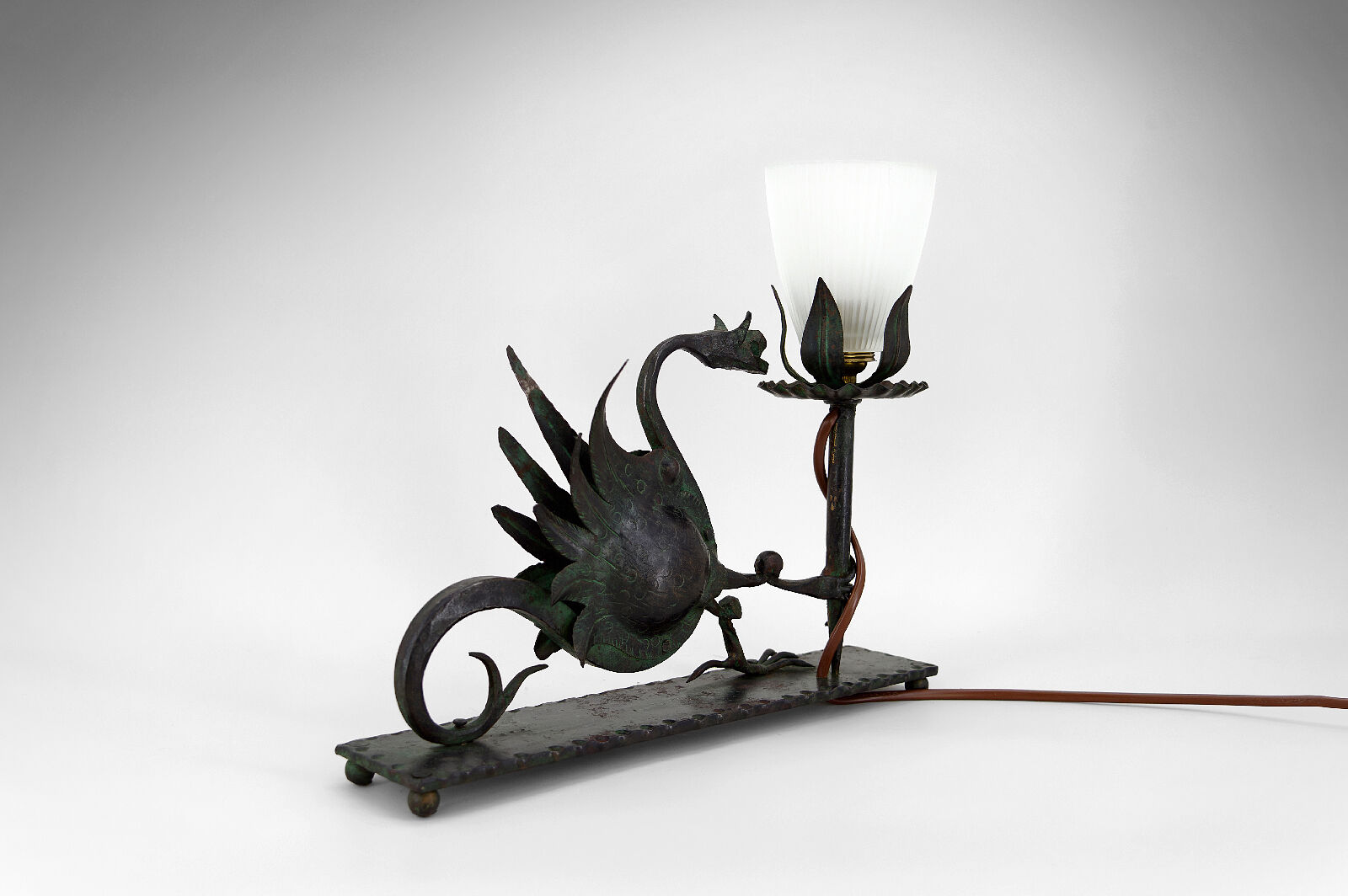 Wrought iron dragon table lamp, circa 1900