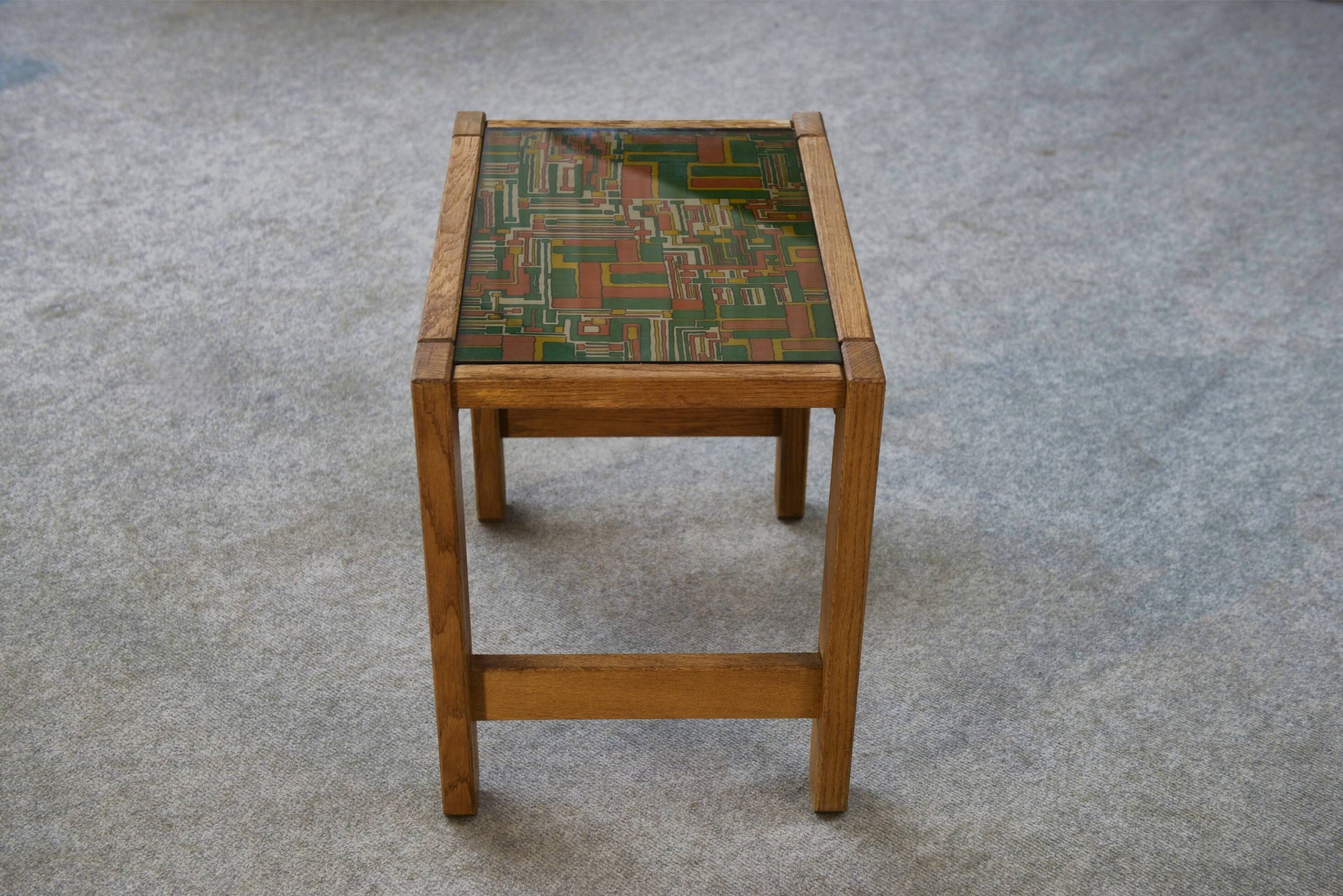 Occasional table in solid oak with a fabric top in the style of Guillerme and Chambron from the 1960s.
