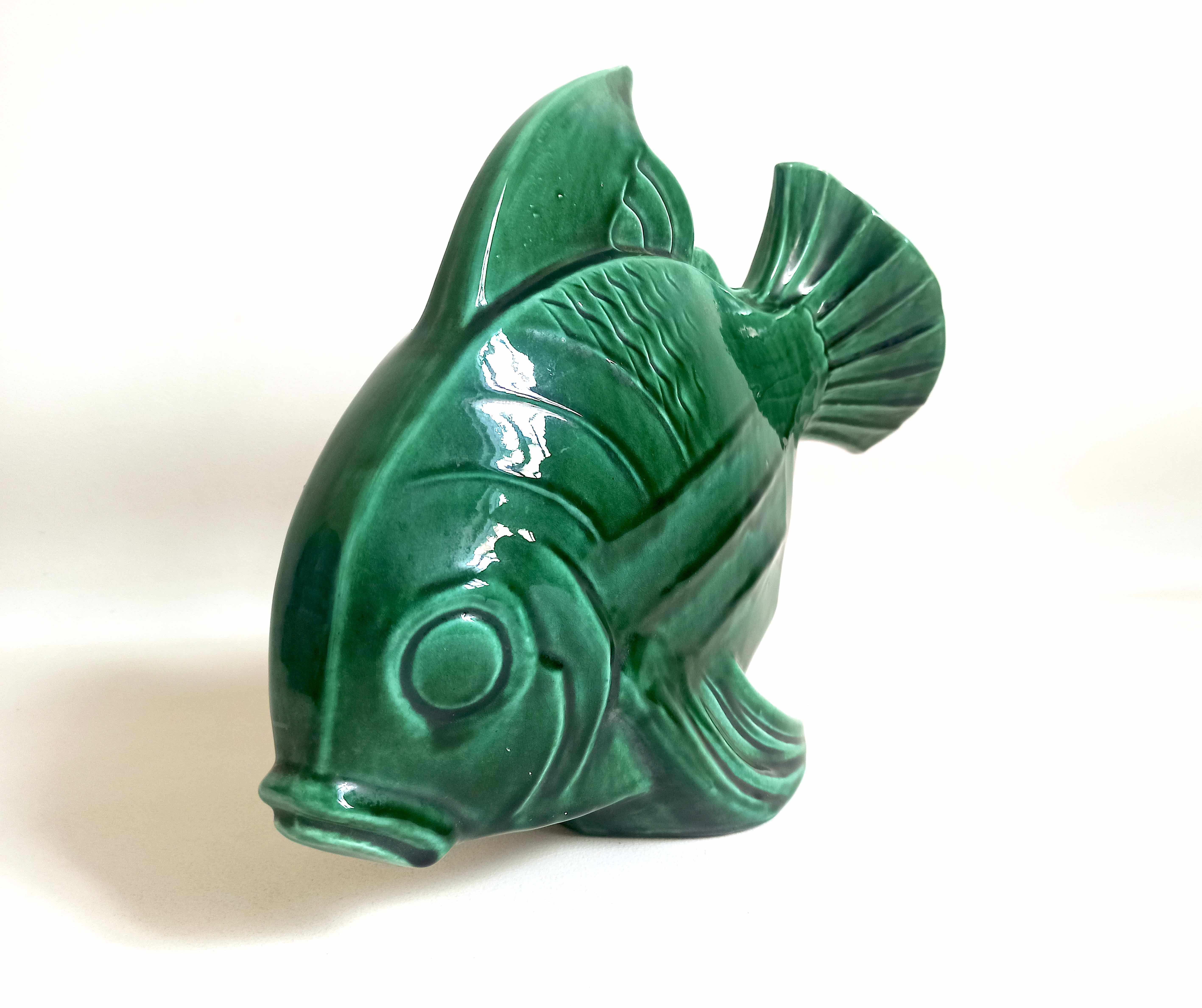 Green ceramic fish lejan art deco width 40 cm