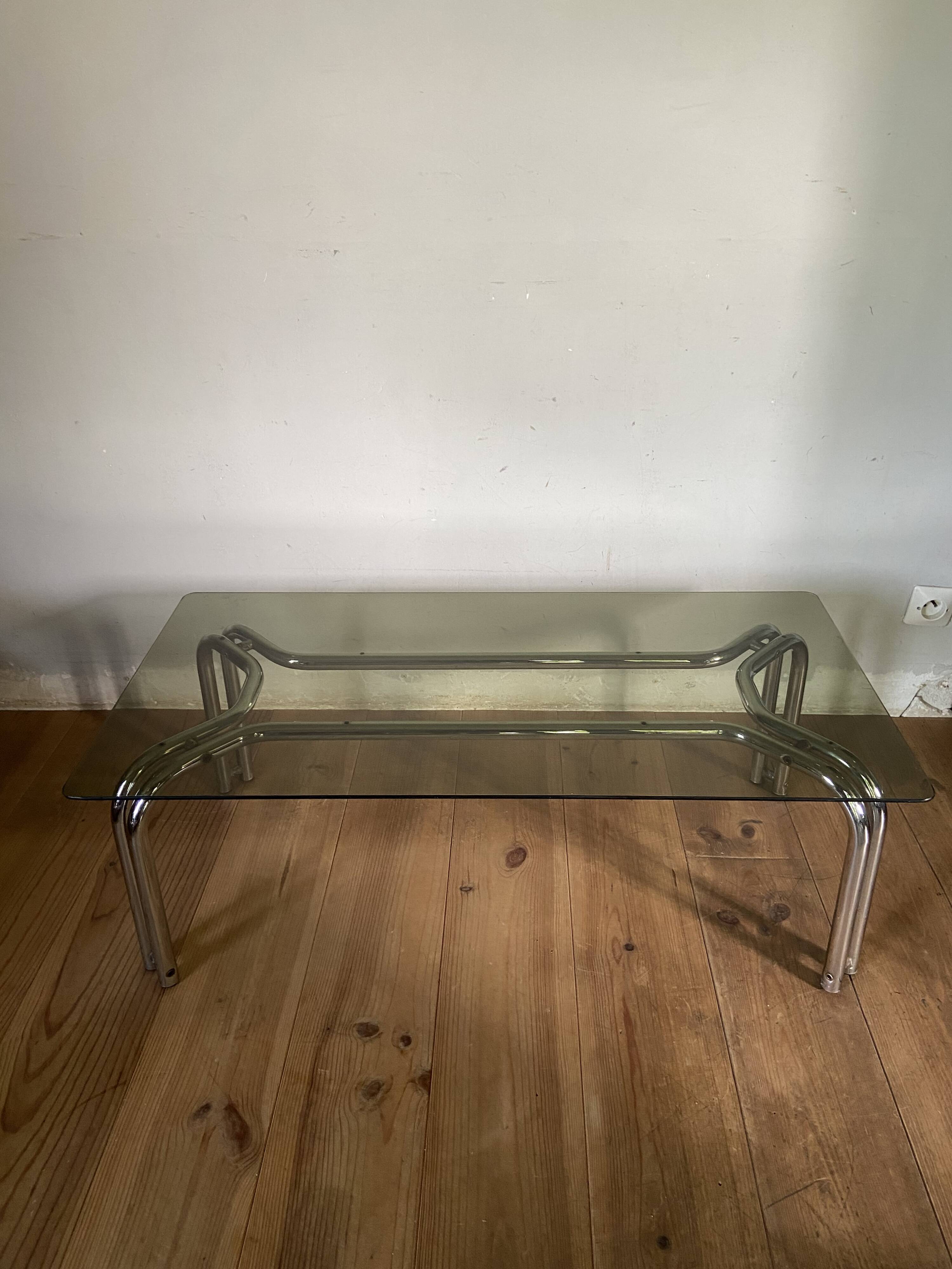 Vintage 70s table in tubular chrome and smoked glass