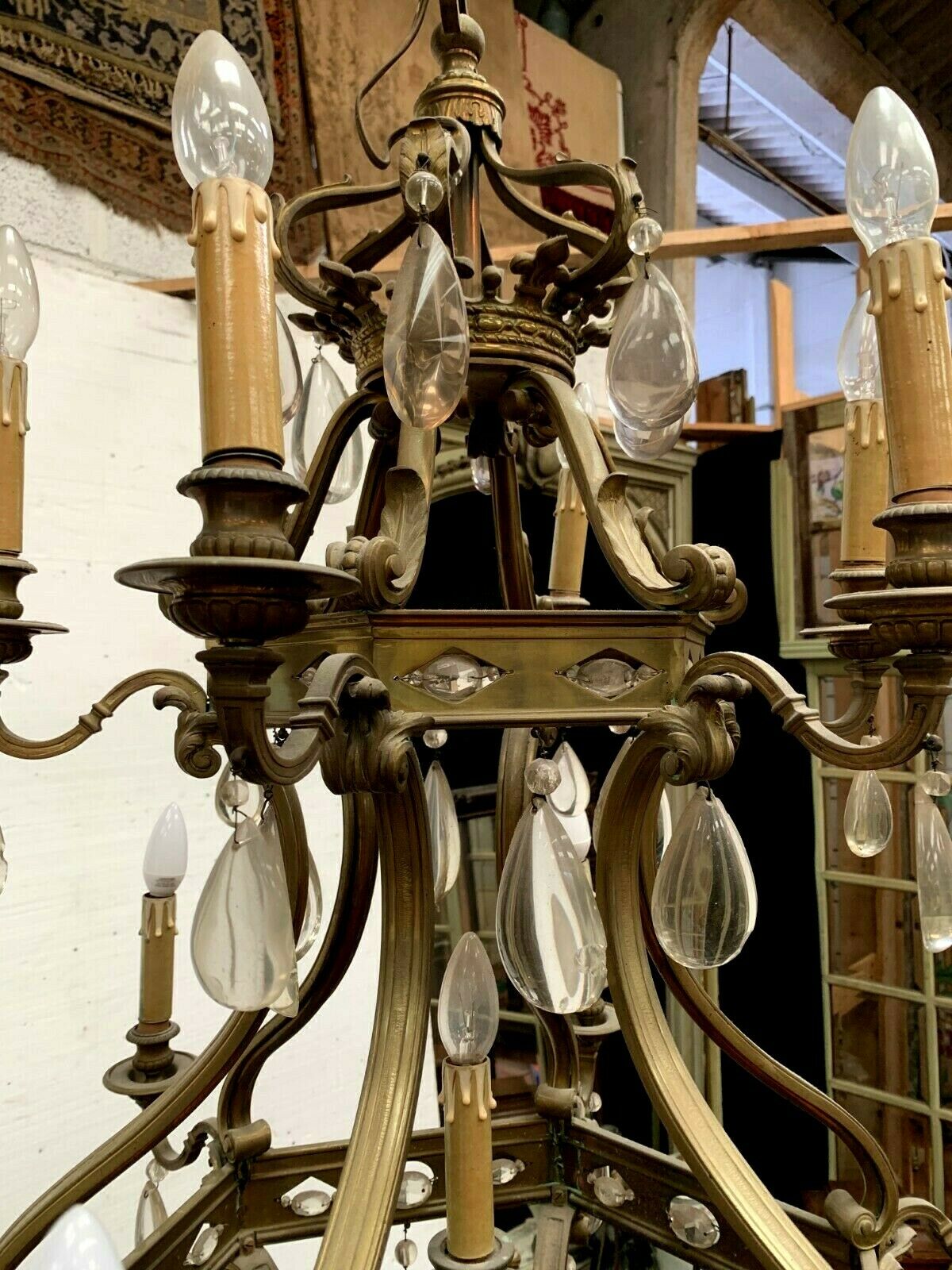 Lustre cage bronze renaissance style and colorful glass pendeloques XIX