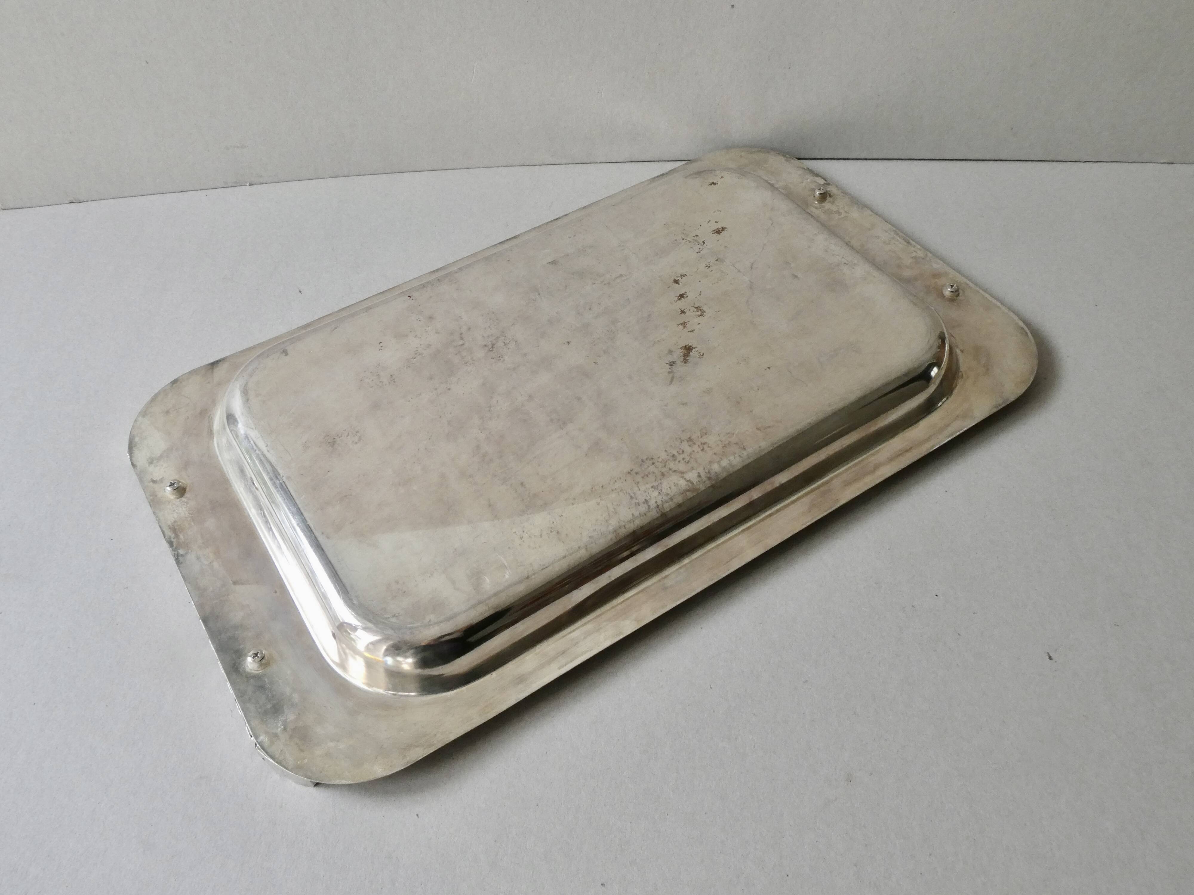 Silver metal tray with braided effect handles