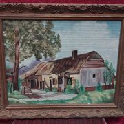 Oil on house mounted panel on the edge of the woods
