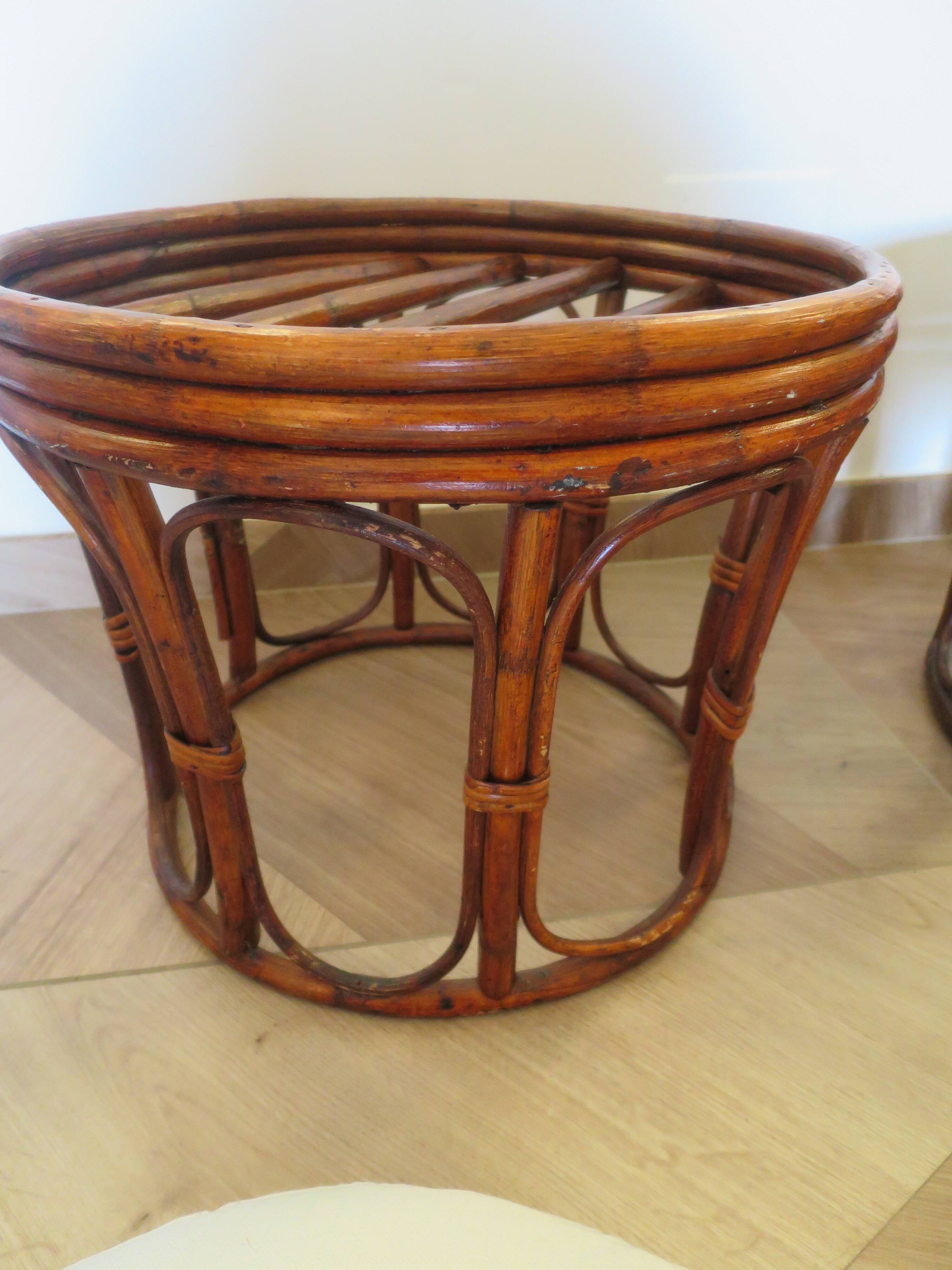 Pretty pair of 2 bamboo and rattan stools with cushions - 80s - Vintage - set of 2