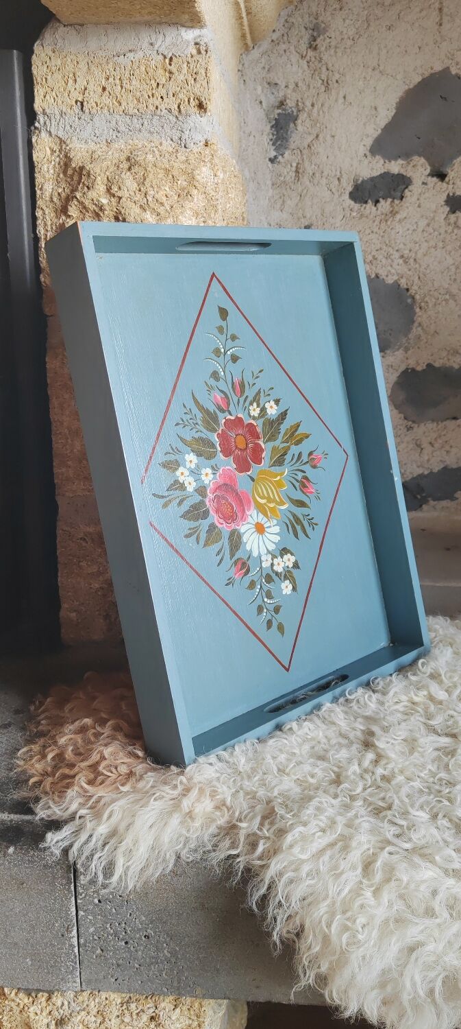Hand-painted blue wooden tray