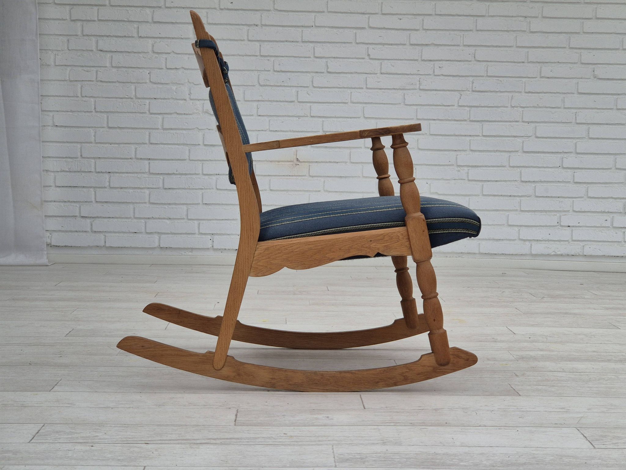 1970s, Danish design, oak wood rocking chair with footstool, furniture wool, original condition.