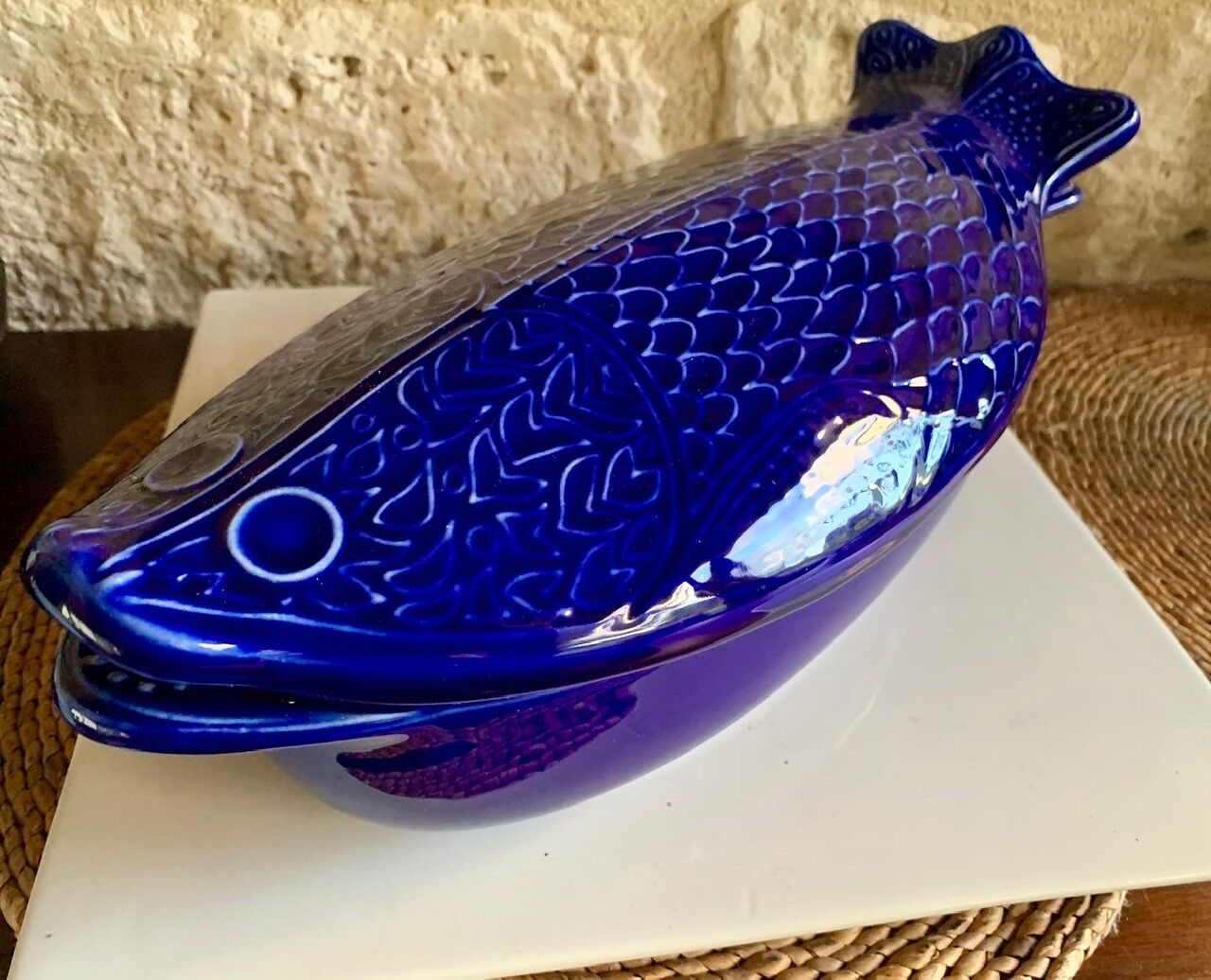 Vintage blue ceramic serving dish by Environmental Ceramics Inc., San Francisco, 1966