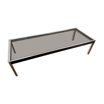 Grande table basse design années 70 chrome, verre fumé et skaï