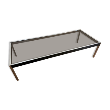 Grande table basse design années 70 chrome, verre fumé et skaï
