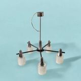 Large modernist chandelier in chromed metal and textured glass - 5 arms