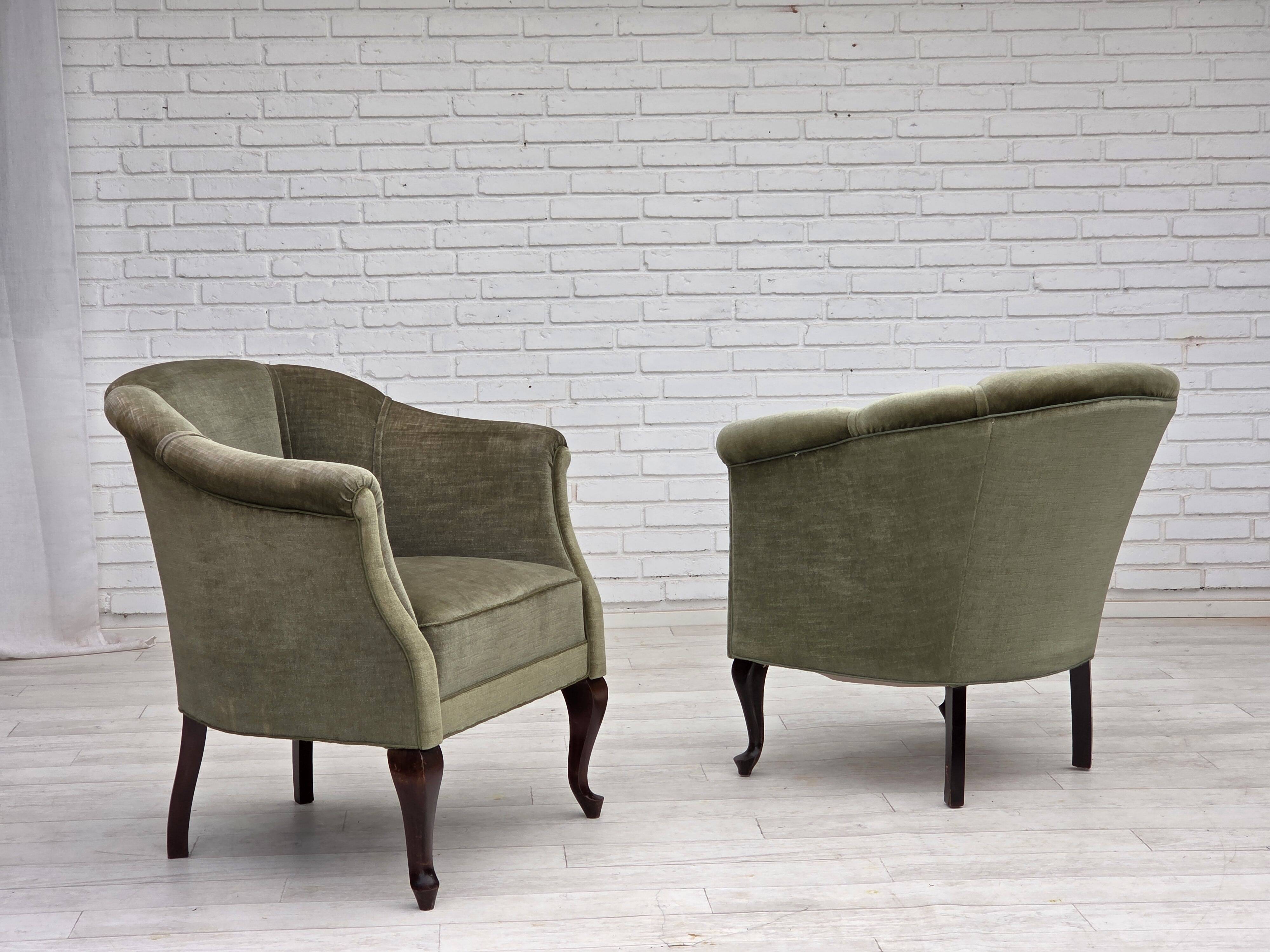 1960s, Danish armchair, green furniture velour, beech wood legs.