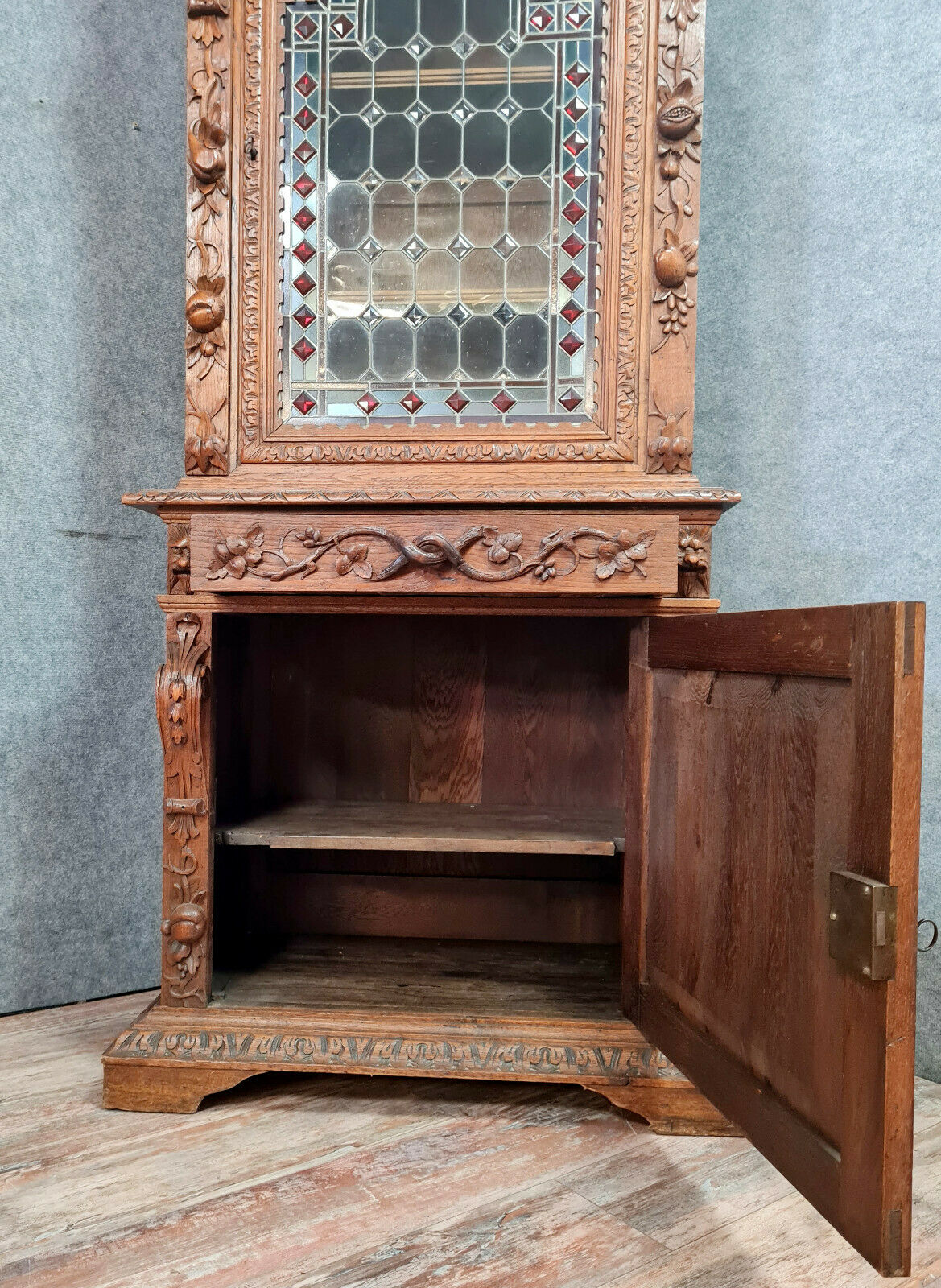 Renaissance library cabinet of hunting lodge in solid oak around 1850