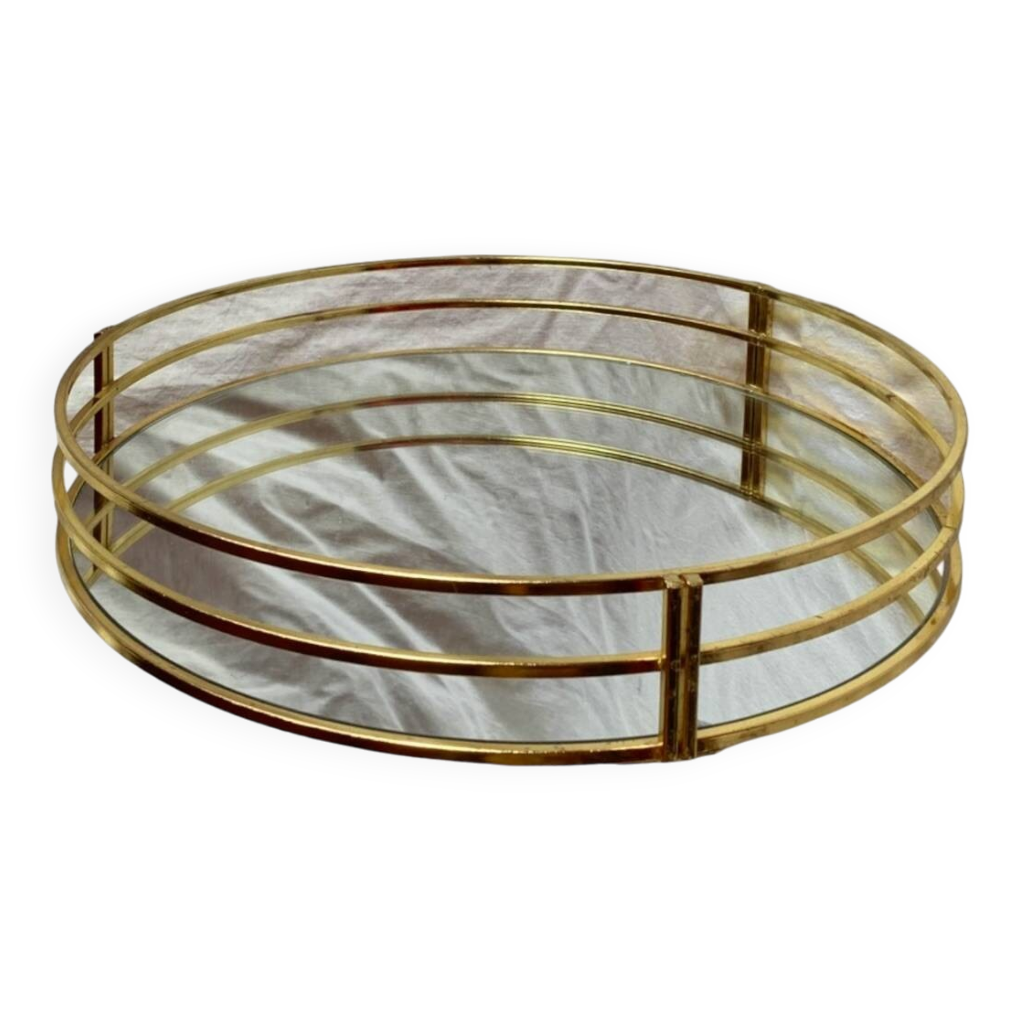 Vintage round tray in gold metal and mirror
