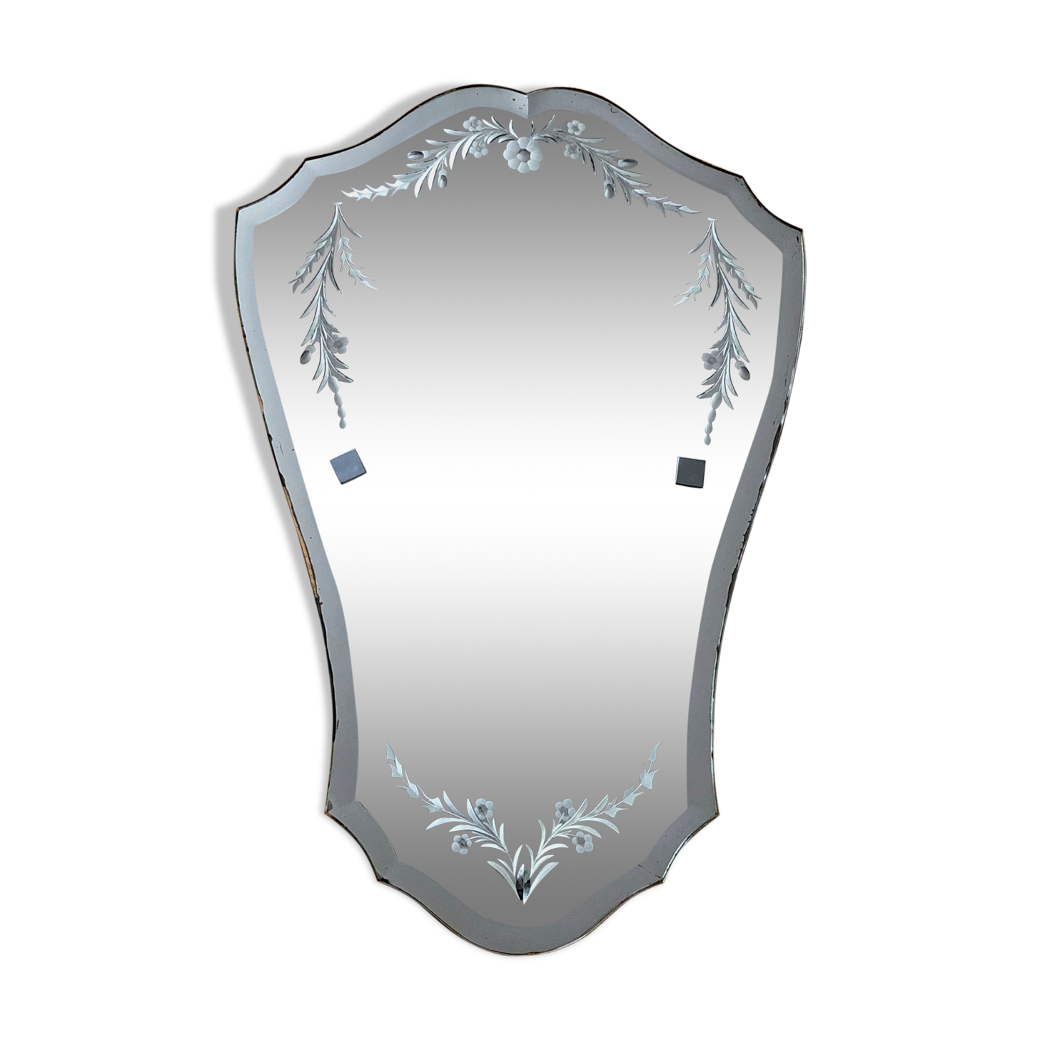 Old bevelled and engraved mirror   43x63cm