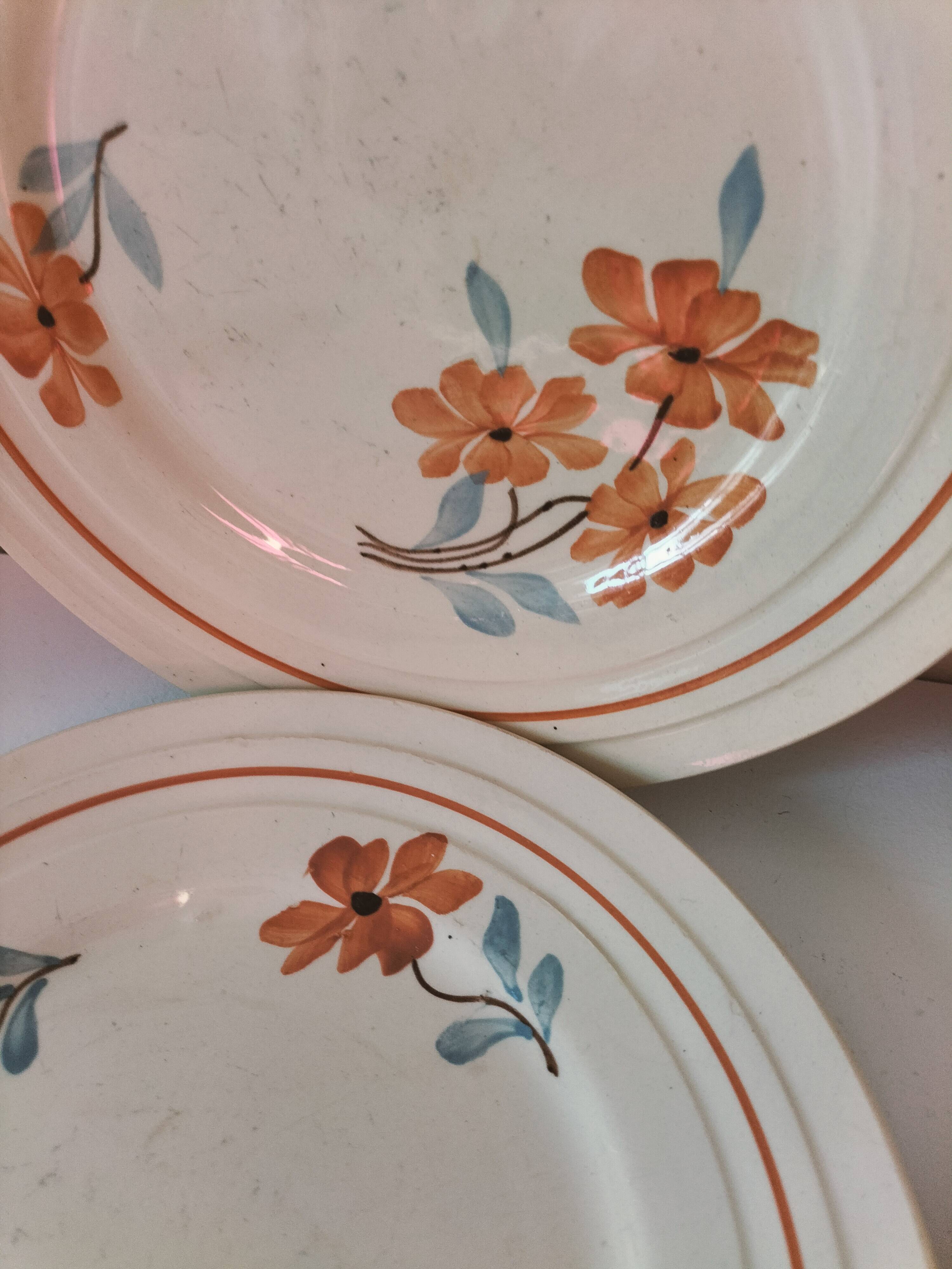 Set of 6 vintage orange and blue floral plates – 1950s