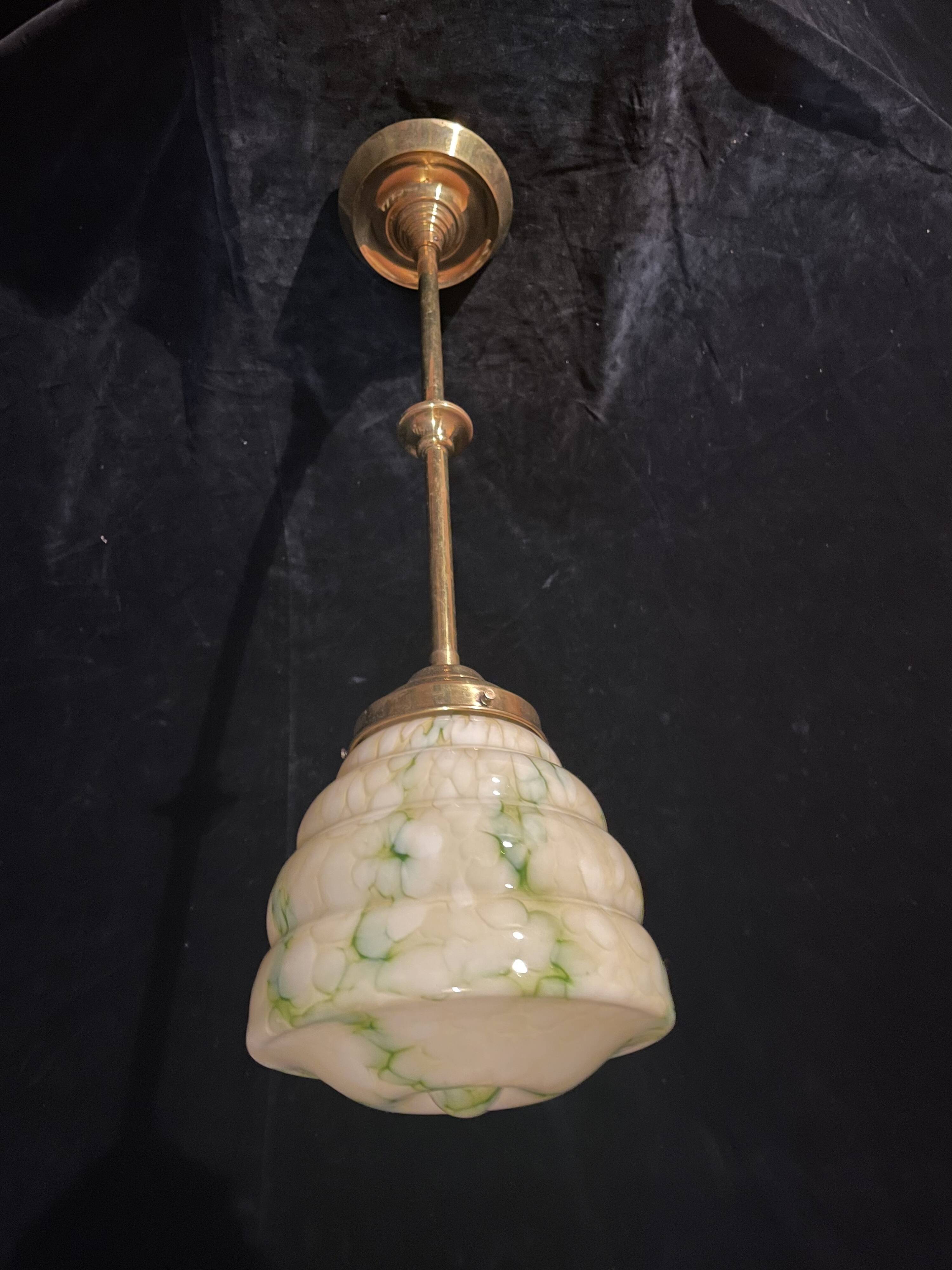 Art Deco ceiling light, marbled green opaline/brass, 1930s.