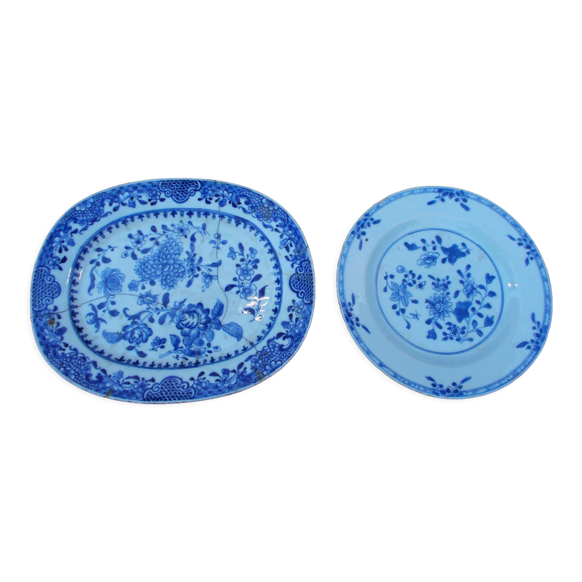1 dish 1 plate ancient Chinese porcelain white blue