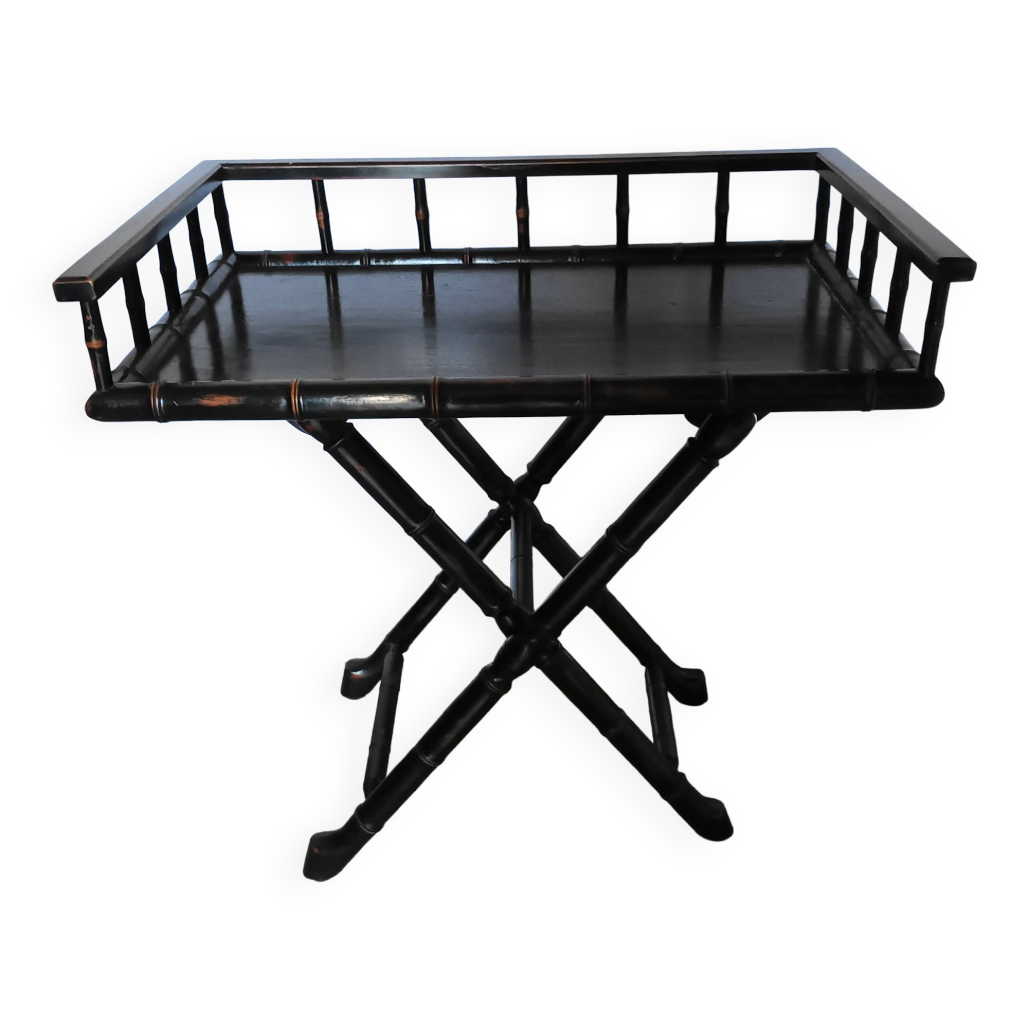 Foldable desk table in blackened wood and carved bamboo style, 1950s