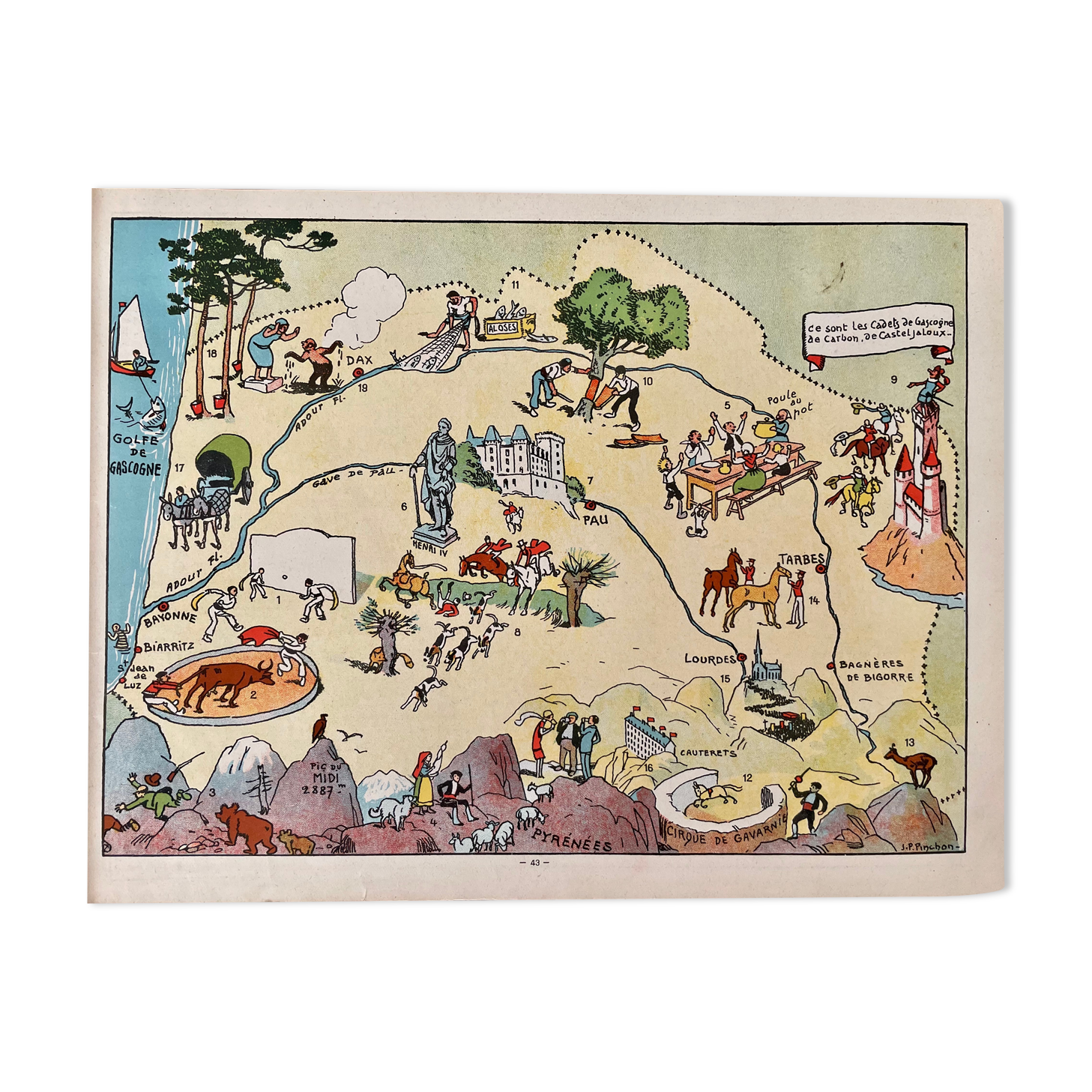 Ancienne carte illustrée de la Gascogne Béarn Pays-Basque 1927 - JP Pinchon