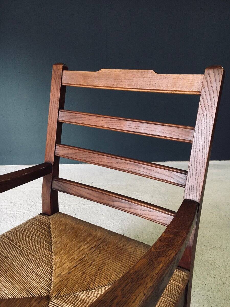 Rustic Oak & Rush Armchair, France, 1930s