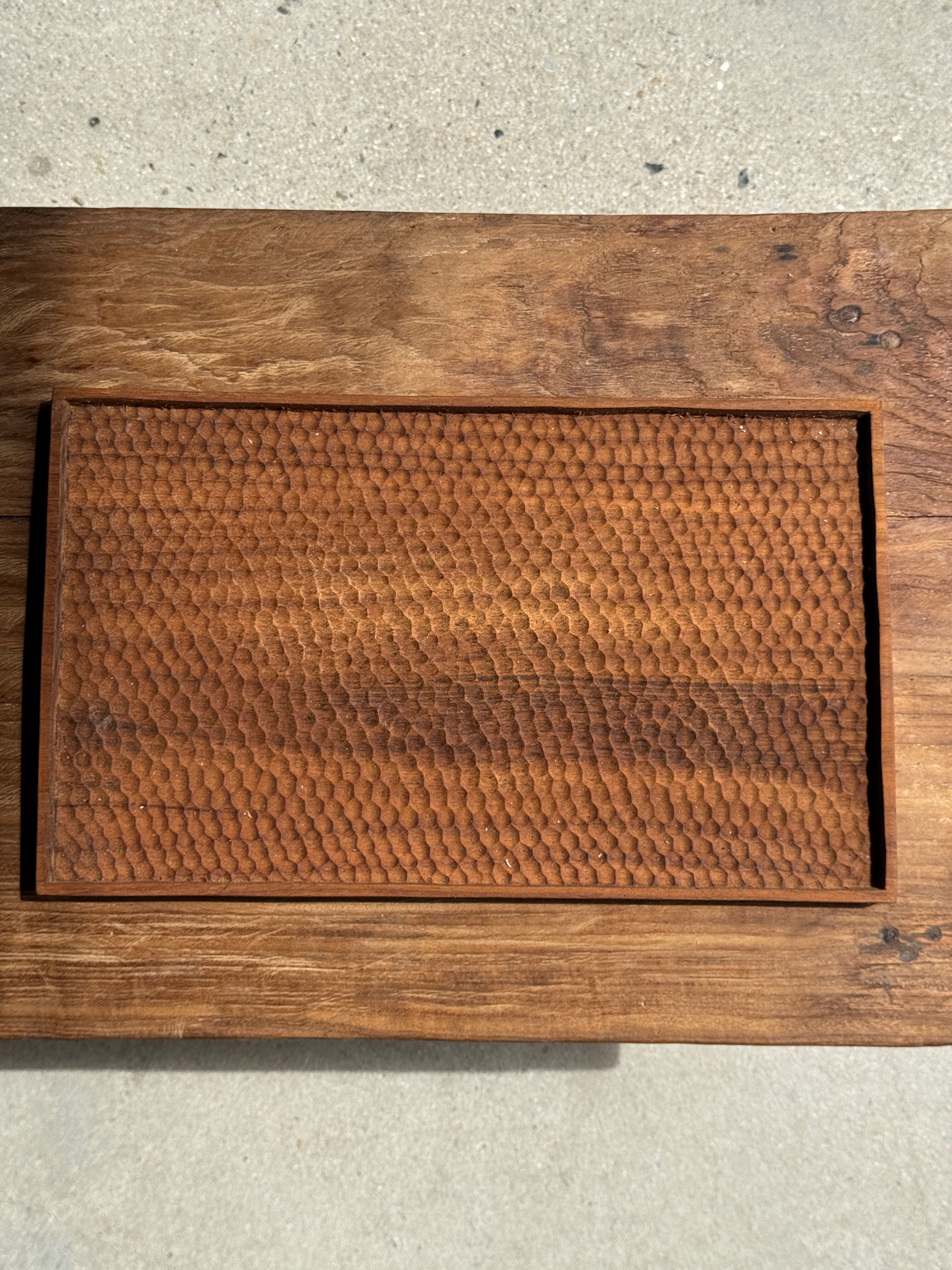Rectangular solid teak tray with carved edges 40x25