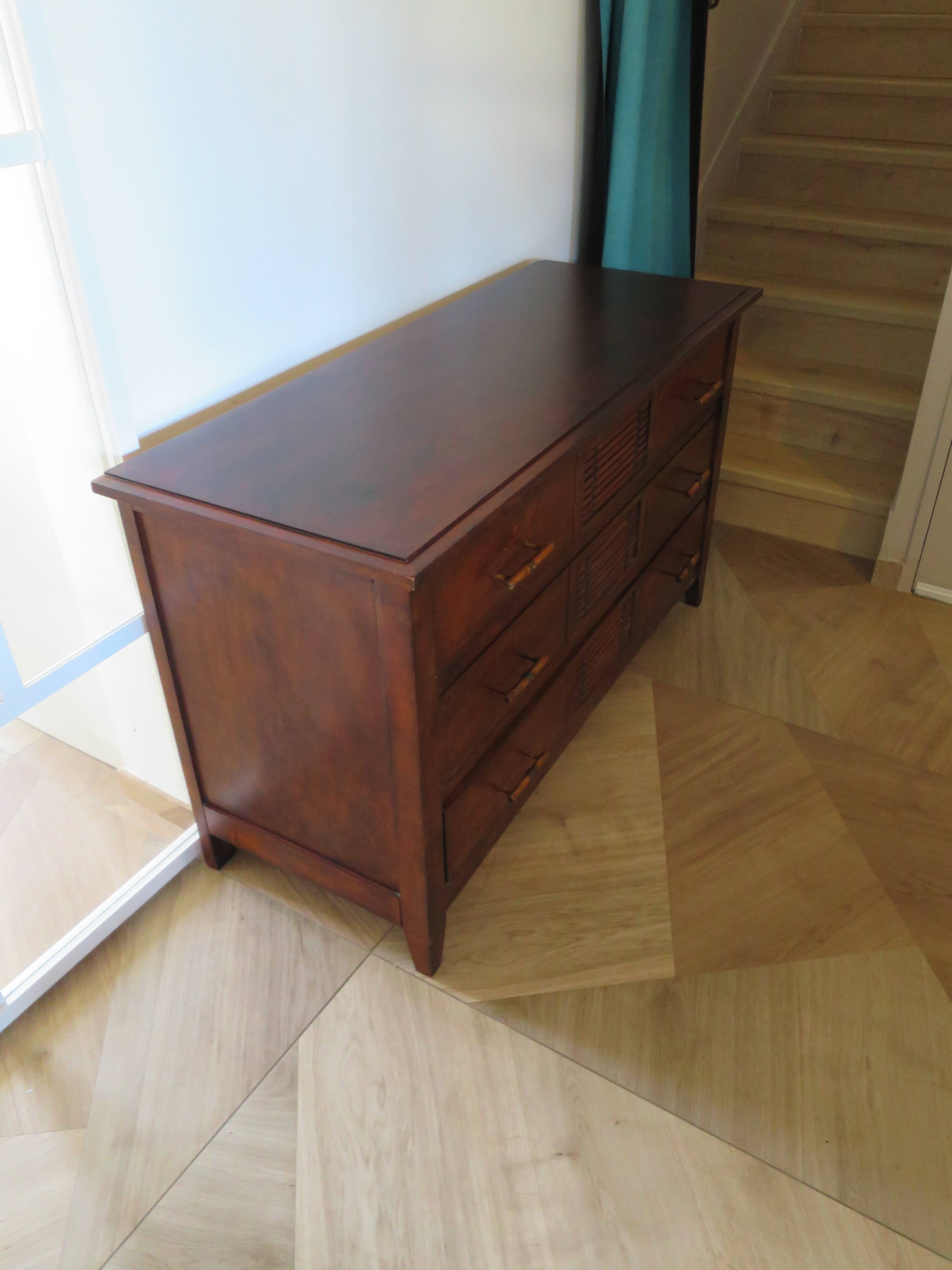 Commode longue–3 tiroirs -style colonial–Teinte acajou