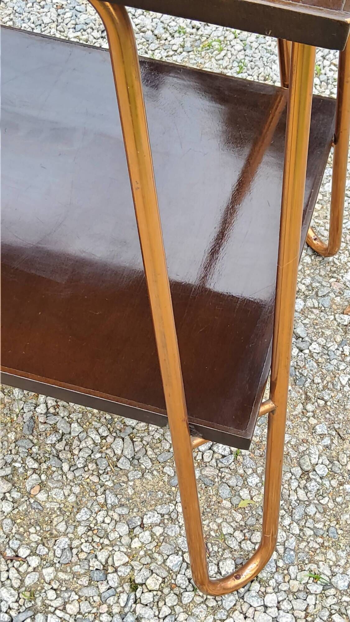Vintage double wooden side table with copper base from the 50s