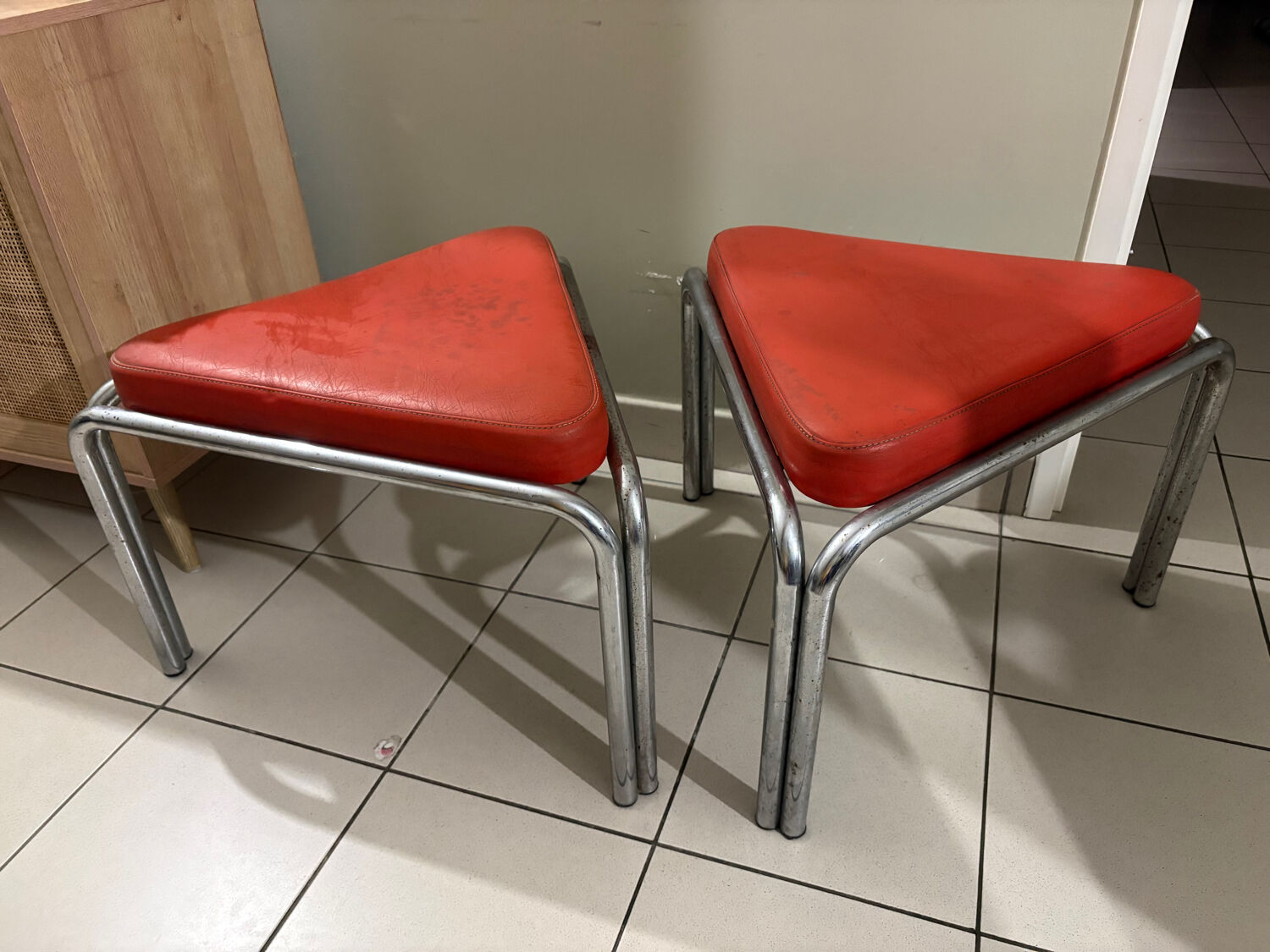 Vintage Bauhaus orange triangular stools