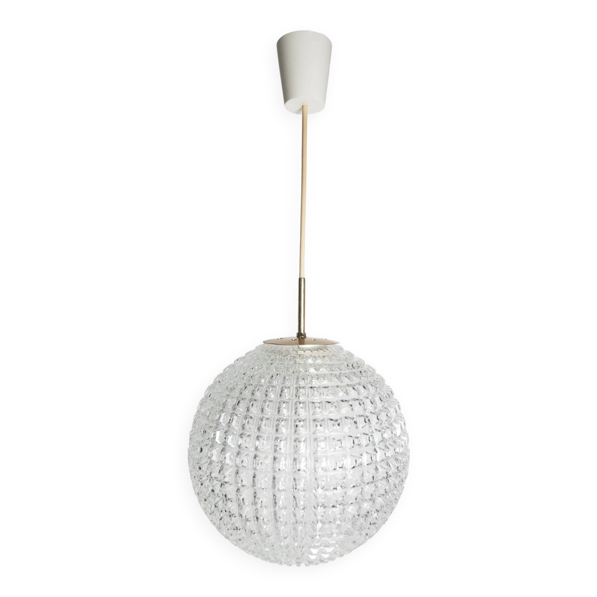 1960s Holophane Ball Pendant Chandelier, Thick Glass, 30 cm, and Vintage Brass