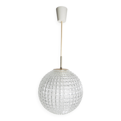 Lustre suspension boule 1960 holophane verre épais 30 cm et laiton vintage