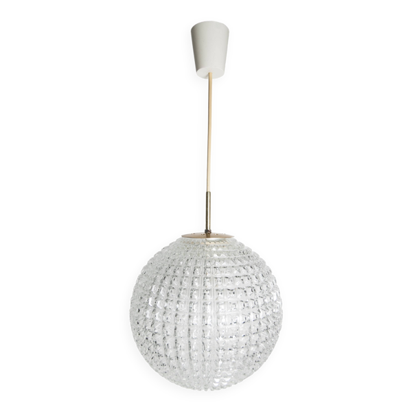 Lustre suspension boule 1960 holophane verre épais 30 cm et laiton vintage