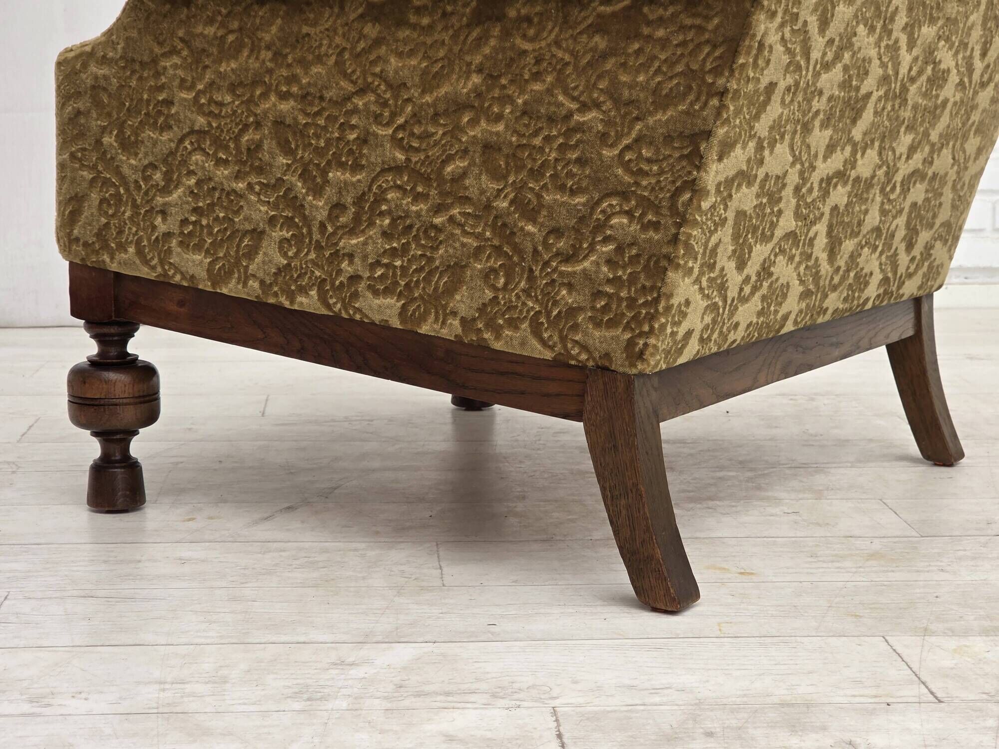 1960s, Danish armchair, furniture velour, carved oak wood.