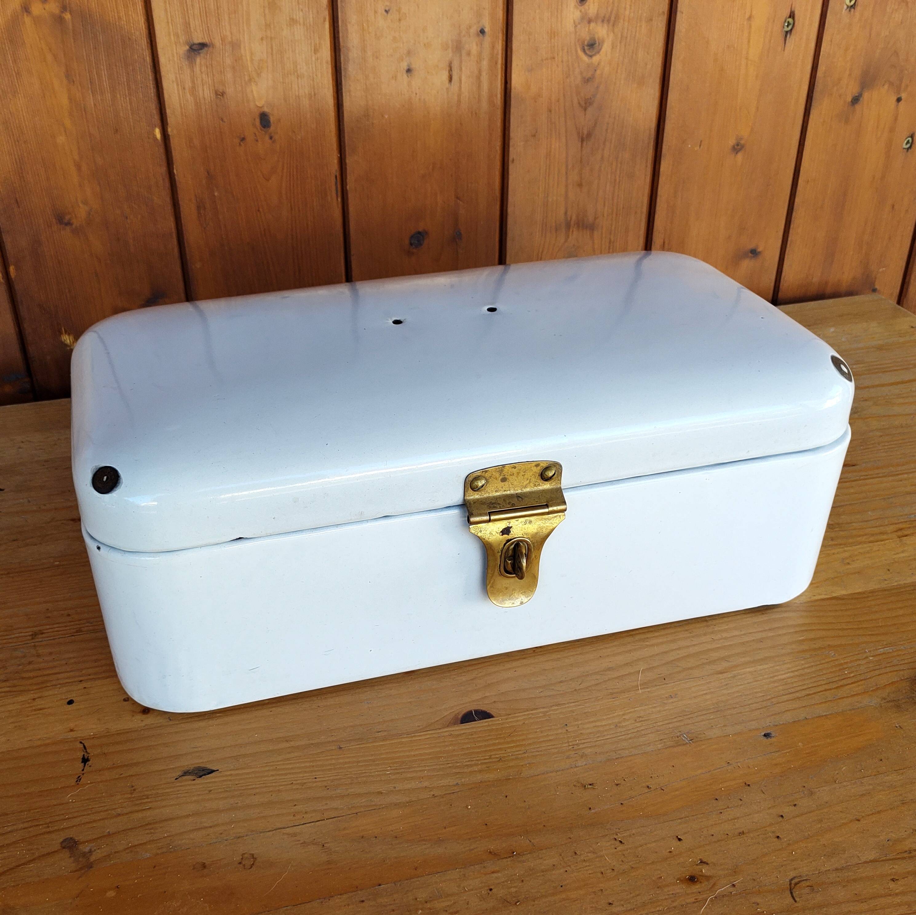 Vintage bread box - white enamel and brass - retro