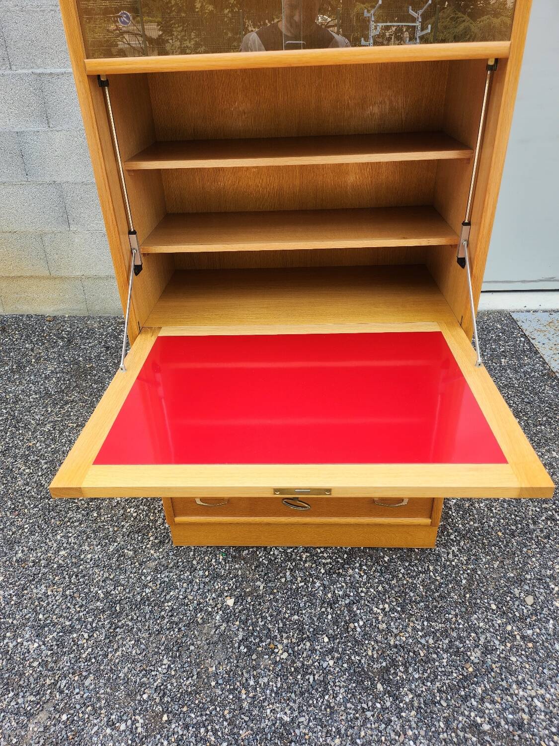 Old vintage rattan oak secretary desk bookcase