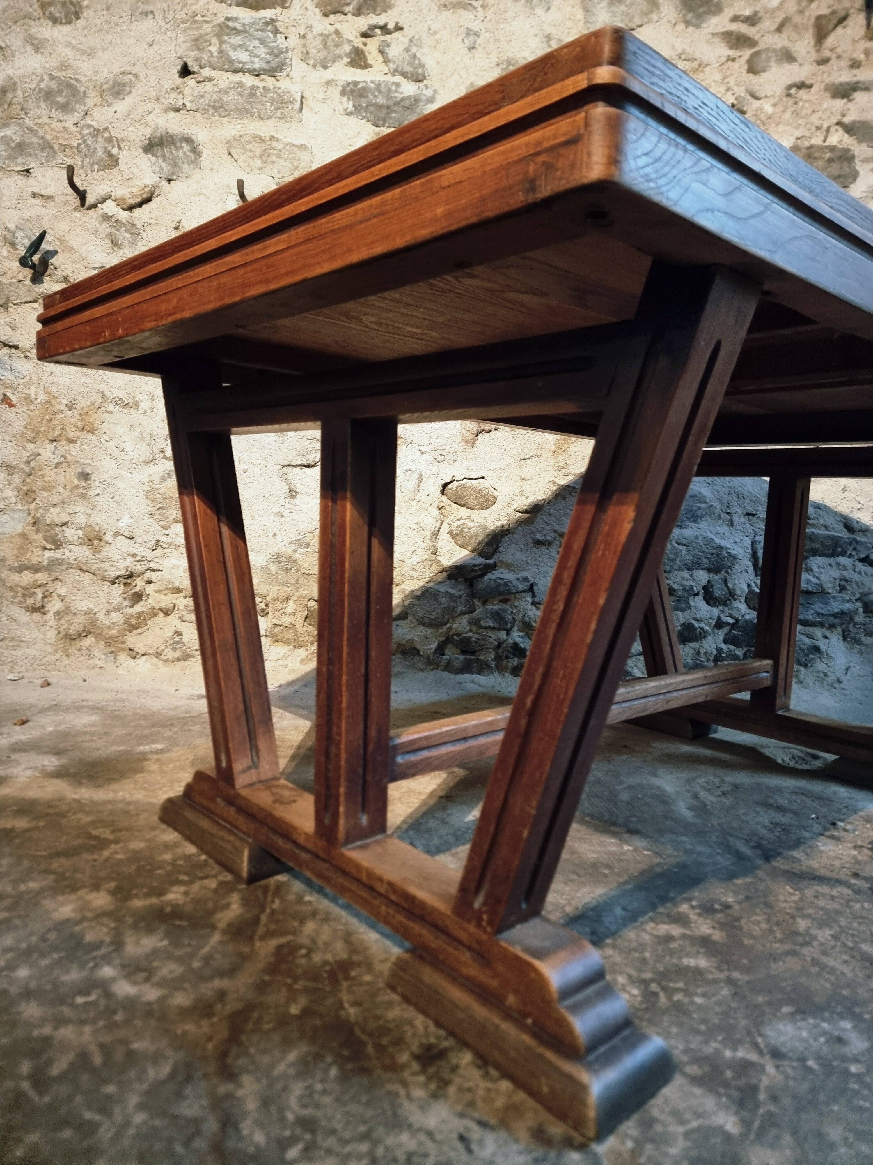 French vintage table in solid oak, Arts & Crafts style, 1930s–1940s.