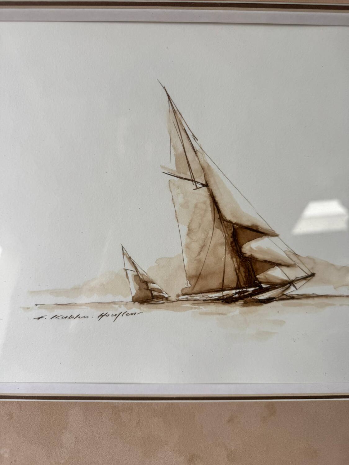 Marine watercolor of Honfleur by Francis Kuhlen, mid-20th century